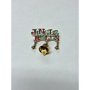 Vintage Green‎ & Red Enamel JINGLE BELLS w Small Goldtone Bells Christmas Brooch